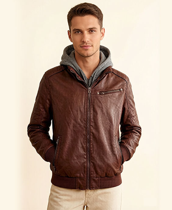 Casual Zip-Up Leather Hoodie