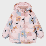 Pink hooded puffer jacket featuring a colorful floral and abstract print, front view with snap-button flap pockets and a zip closure, displayed flat against a white studio background.