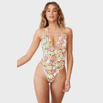 Women Green Floral One Piece Swimsuit - Side 3/4 Full View