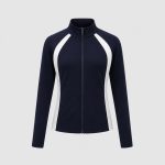 Navy blue track jacket with white side stripes and raglan shoulder panels, fully zipped, ghost mannequin product shot on white studio background