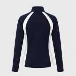 Back view of navy blue track jacket with white raglan shoulder panels and white side stripes, ghost mannequin product shot on white studio background