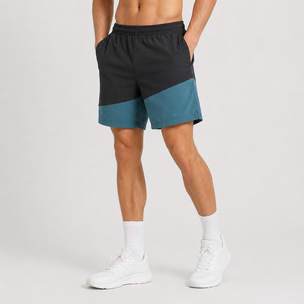 Men’s Workout Shorts Black/Teal – OEM Color-Block Performance Shorts | Northern Garment