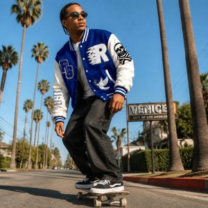 Men's varsity bomber jacket in royal blue with white sleeves, lifestyle model shot Venice Beach skateboard scene