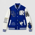 Men's varsity bomber jacket in royal blue with white sleeves, flat lay front view, chenille patches, snap button closure, striped rib collar cuff hem