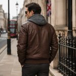 Men's dark brown leather bomber hoodie model back view London street, grey melton hood, clean rear construction, rib knit hem and cuffs