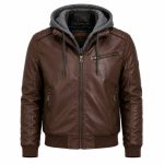 Men's dark brown leather bomber hoodie flat lay front view on white background, full zip, grey melton drawcord hood, twin diagonal zip pockets, rib knit hem