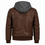 Men's dark brown leather bomber hoodie flat lay back view on white background, grey melton hood, clean rear construction, rib knit hem