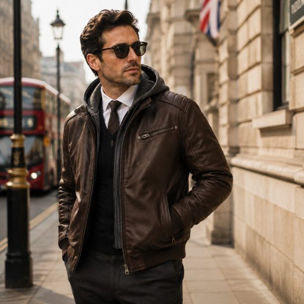 Men's dark brown leather bomber hoodie model front view London street, full zip, grey melton drawcord hood, twin diagonal zip pockets, rib knit hem and cuffs, smart-casual style