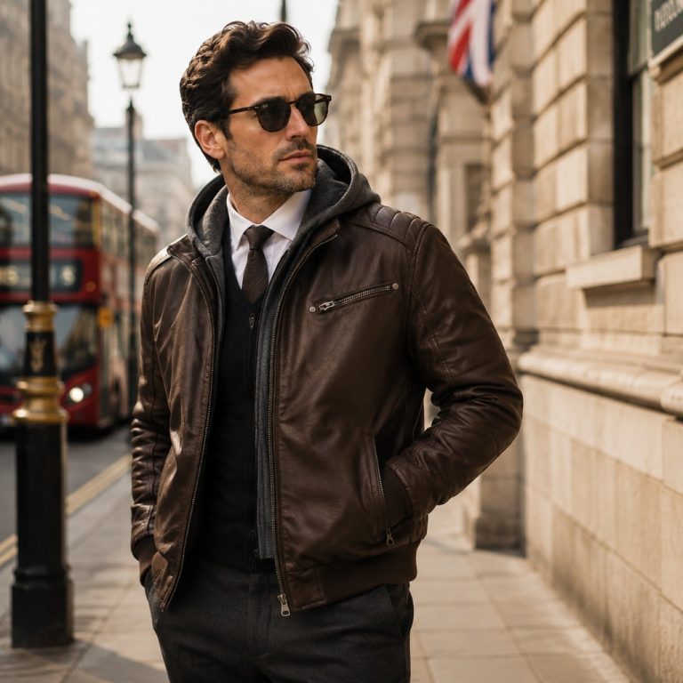 Men's dark brown leather bomber hoodie model front view London street, full zip, grey melton drawcord hood, twin diagonal zip pockets, rib knit hem and cuffs, smart-casual style