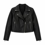 Women's black leather biker jacket flat lay front view on white background, asymmetric zip, notched lapel with snap closure, twin diagonal zip pockets, zip cuffs