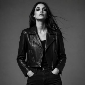 Women's black leather biker jacket model front view B&W studio photography, asymmetric zip, notched lapel with snap closure, twin diagonal zip pockets, zip cuffs, cropped length
