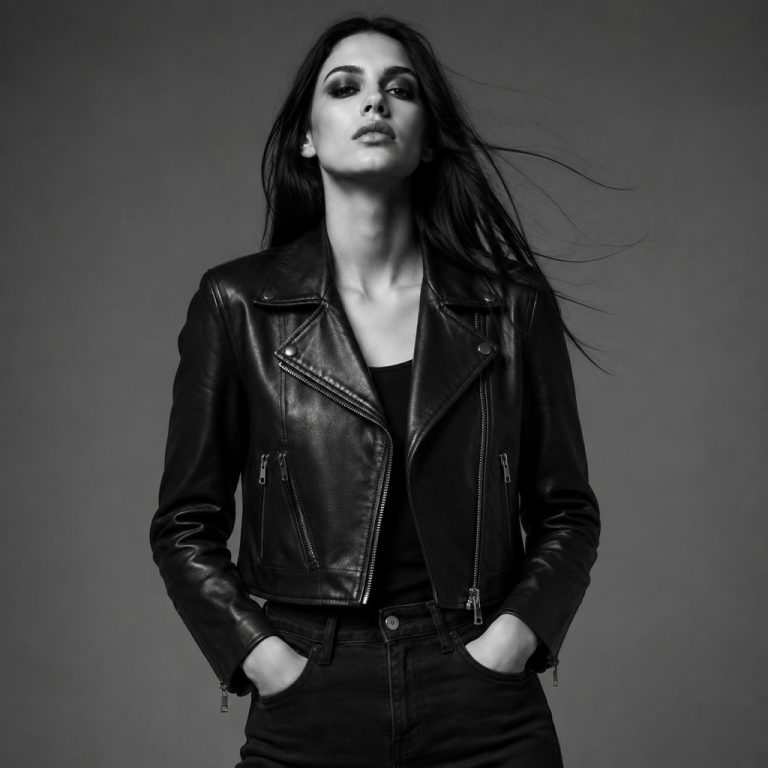 Women's black leather biker jacket model front view B&W studio photography, asymmetric zip, notched lapel with snap closure, twin diagonal zip pockets, zip cuffs, cropped length