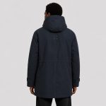 Men's navy parka back view, hood, snap storm flap, clean rear construction, long length