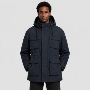 Men's navy parka front view, hood up, drawcord, multiple chest and hip pockets, full zip, long length