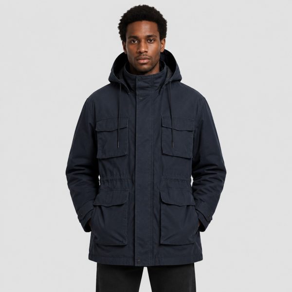 Men's navy parka front view, hood up, drawcord, multiple chest and hip pockets, full zip, long length