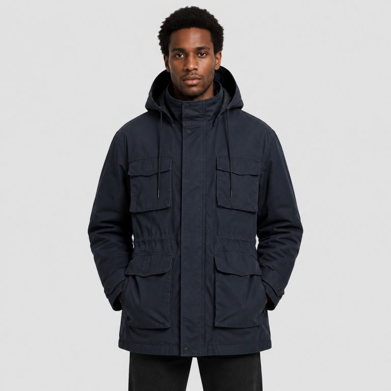 Men's navy parka front view, hood up, drawcord, multiple chest and hip pockets, full zip, long length