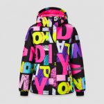 Girls' multi-color letter print puffer jacket flat lay front view on white background, full zip hooded, polar fleece hood lining detail, rib knit cuffs