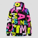 Girls' multi-color letter print puffer jacket flat lay back view on white background, hood with safety reflective stripe, clean rear construction, rib knit hem