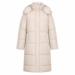 Women's cream longline puffer jacket flat lay front view, hood with collar overlay, full zip, twin concealed hand pockets, side slits