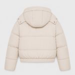 Women's cream puffer jacket flat lay back view on white background, oversized hood, clean rear construction