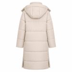 Women's cream longline puffer jacket flat lay back view on white background, hood, clean rear construction, mid-thigh length