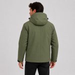 Men's 2-in-1 puffer jacket in olive green, back view showing hood and clean rear construction, full-zip jacket, side adjusters