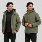 Men's 2-in-1 puffer jacket in olive green, side-by-side comparison showing open-with-inner-puffer and closed-outer-only wear modes, 3-in-1 versatility