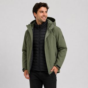 Men's 2-in-1 puffer jacket in olive green, front-open view showing detachable inner black puffer jacket layered underneath, hooded, side pockets, model front view, BSCI factory OEM