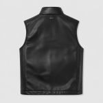 Men's black leather puffer vest flat lay back view product photo, clean rear construction, branded neck label