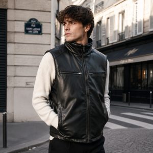 Men's black leather puffer vest model walking front view Paris street, stand collar, two chest zip pockets, full zip, layered over cream knit sweater