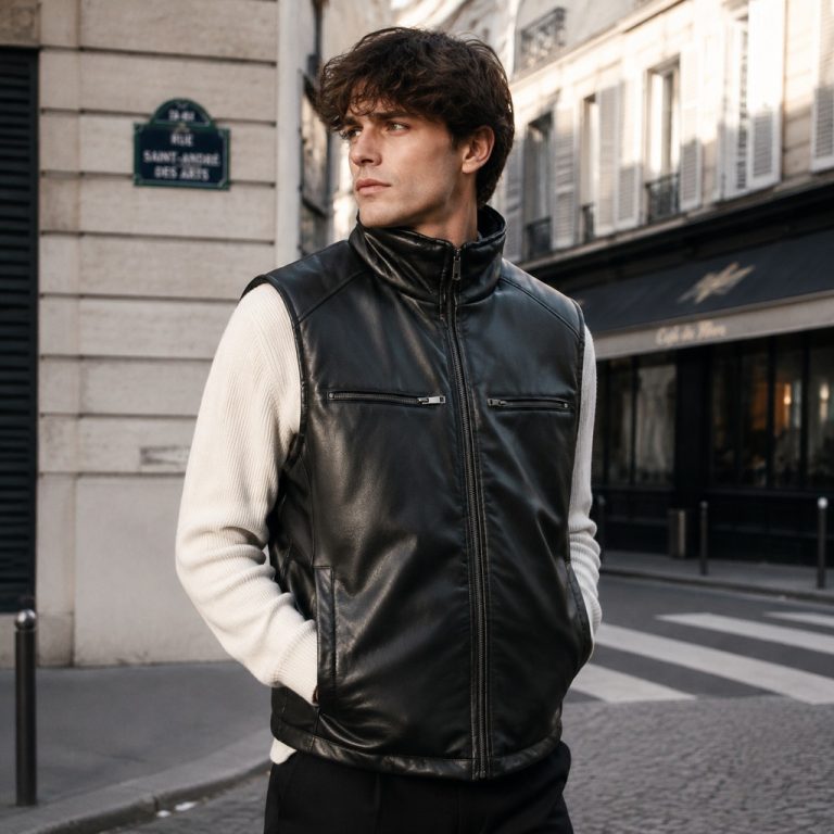 Men's black leather puffer vest model walking front view Paris street, stand collar, two chest zip pockets, full zip, layered over cream knit sweater