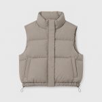 Women's taupe puffer vest flat lay front view, stand collar, full zip, twin welt hand pockets, drawcord hem