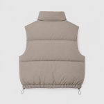 Women's taupe puffer vest flat lay back view, stand collar, clean rear construction, drawcord hem