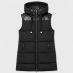 Women's black puffer vest flat lay front view product photo, full zip, hood with leather trim, twin side zip pockets, long length