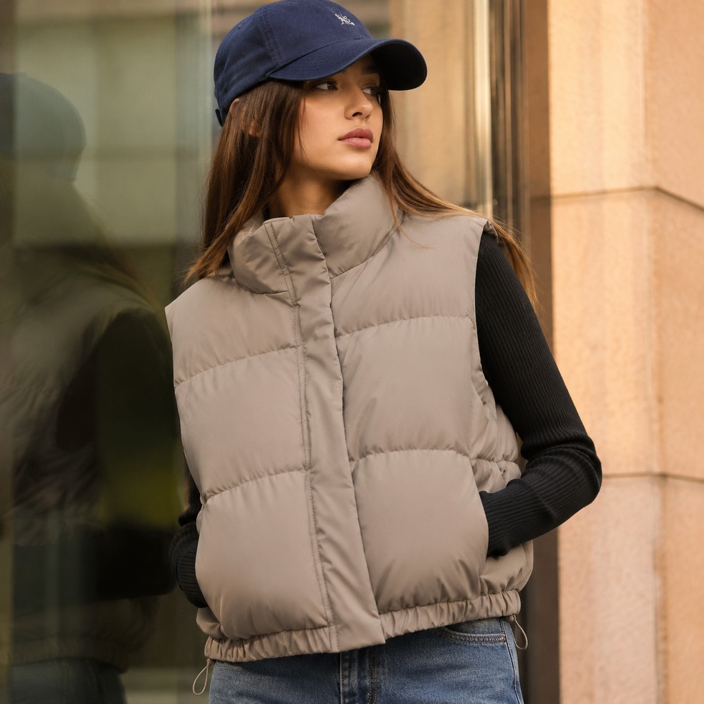 Women’s Puffer Vests – OEM Taupe Stand-Collar Cropped Gilet Manufacturer | Northern Garment
