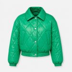 Women's emerald green diamond-quilt puffer jacket flat lay front view, snap button front, structured collar, twin welt hand pockets, elasticated hem