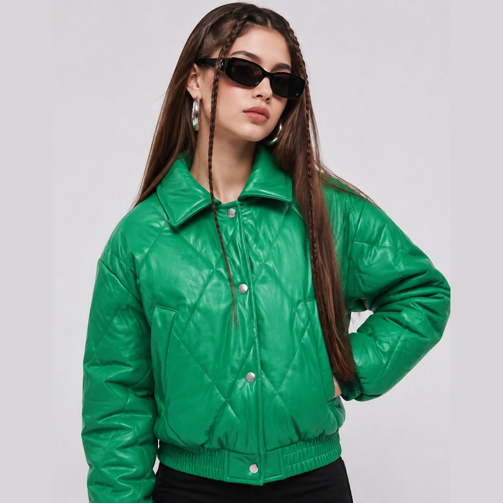 Women’s Quilted Jackets – OEM Emerald Green Diamond-Quilt Cropped Puffer Manufacturer | Northern Garment