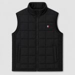 Men's black quilted vest flat lay front view product photo, full zip stand collar, square quilt pattern, side pockets