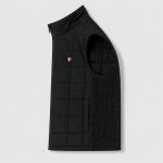 Men's black quilted vest flat lay side profile product photo, armhole, ribbed side panel