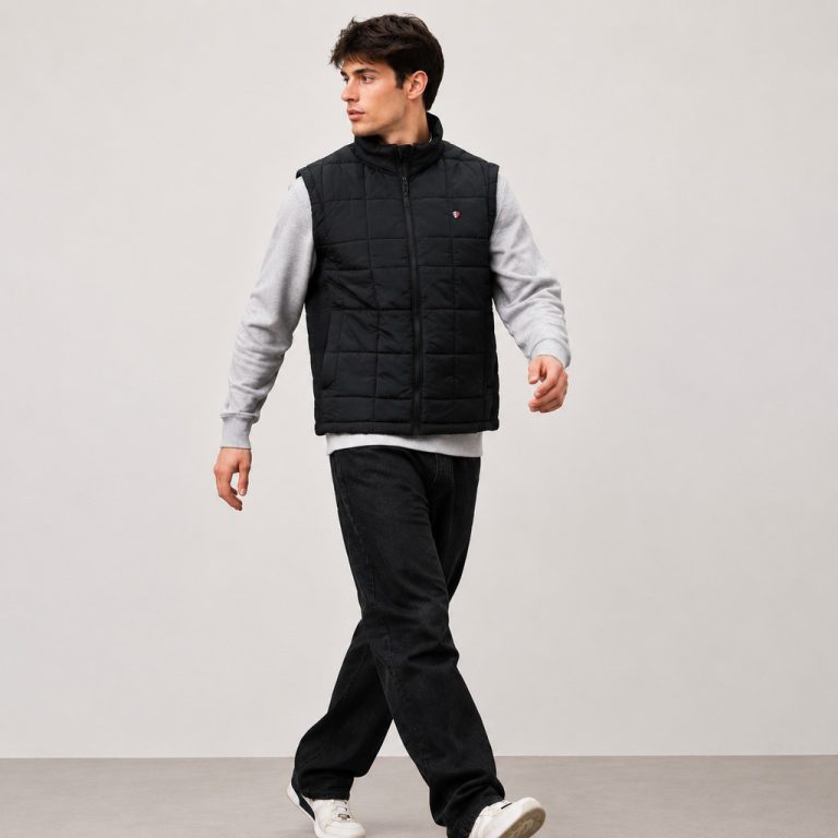Men's black quilted vest model walking three-quarter view, full zip stand collar, side pockets, layered over grey sweatshirt, lifestyle studio