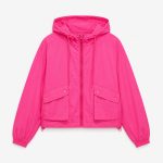 Women's hot pink windbreaker hoodie flat lay front view product photo, full zip, drawcord hood, twin bellowed pockets