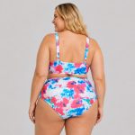 Women's plus-size red blue teal white tie-dye watercolor print triangle bralette bikini top with matching high-waist brief model back view, gold hardware ring detail