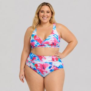 Women's plus-size red blue teal white tie-dye watercolor print triangle bralette bikini top with matching high-waist brief model front view