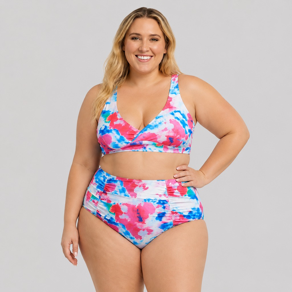 Women’s Plus Size Bikini – OEM Red Blue Teal Tie-Dye Watercolor Triangle Bralette + High-Waist Brief Manufacturer | Northern Garment