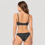 Women's black and white GIVEMEABREAK letter print bikini set model back view, straight back strap, side-tie bottom