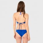 Women's royal blue moulded cup underwire triangle bikini model back view, center back tie, side triple strap bottom detail