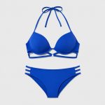 Women's royal blue moulded cup underwire triangle bikini flat lay front view, moulded cup with underwire, center front O-ring detail, halter neck strap tie, mid-rise side-strappy bottom