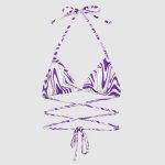 Women's purple and green abstract swirl print bikini top flat lay front view on white background, triangle halter top with long wrap-around waist ties accented with beads
