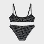 Women's black and white GIVEMEABREAK letter print bikini set flat lay back view, triangle bralette top straight back strap detail, side-tie bottom