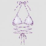 Women's purple and green abstract swirl print bikini top flat lay inside view on white background showing solid white interior